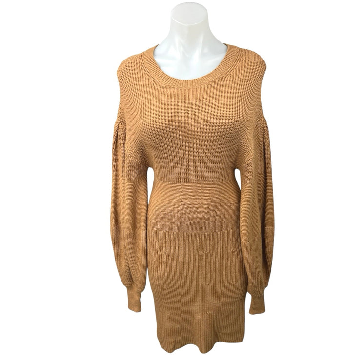 STAUD Marylebone Brown Tan Balloon Long Sleeve Knit Mini Bodycon Sweater Dress M