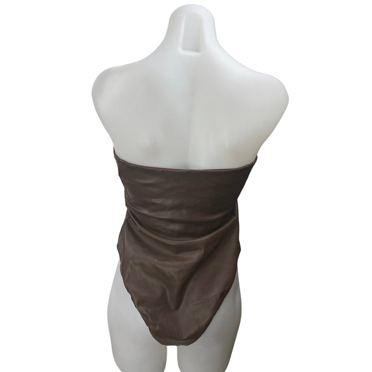 Zara Brown Strapless Faux Leather Vegan Sleeveless Tube Bandeau Bodysuit Top L