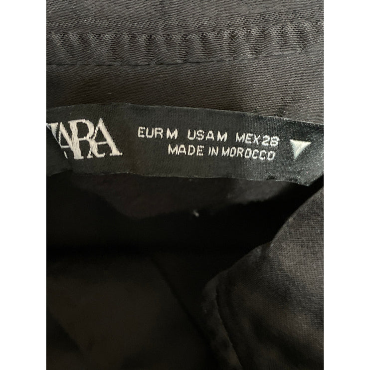 Zara Women's Black Long Sleeve Tie Hem V Neck Cropped Button Up Shirt Top Size M