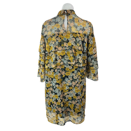 Zara Yellow Floral Ruffled 3/4 Sleeve High Neck Babydoll Mini Shift Dress Size S