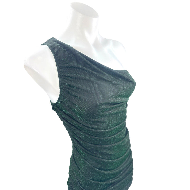 NEW Saylor Hilaria Feather Metallic Ribbed Knit Ruched Midi Bodycon Dress Sz XS
