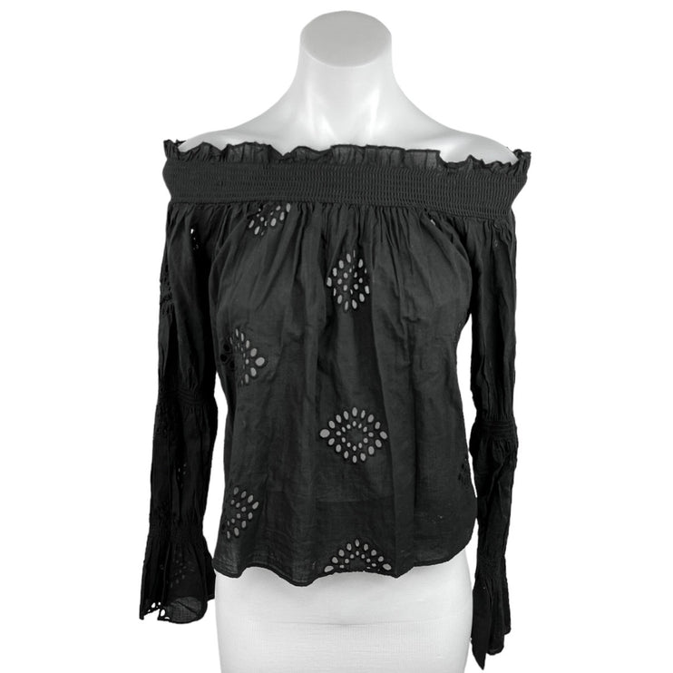 Zara TRF Collection Black Off The Shoulder Smocked Eyelet Blouse Top Size M