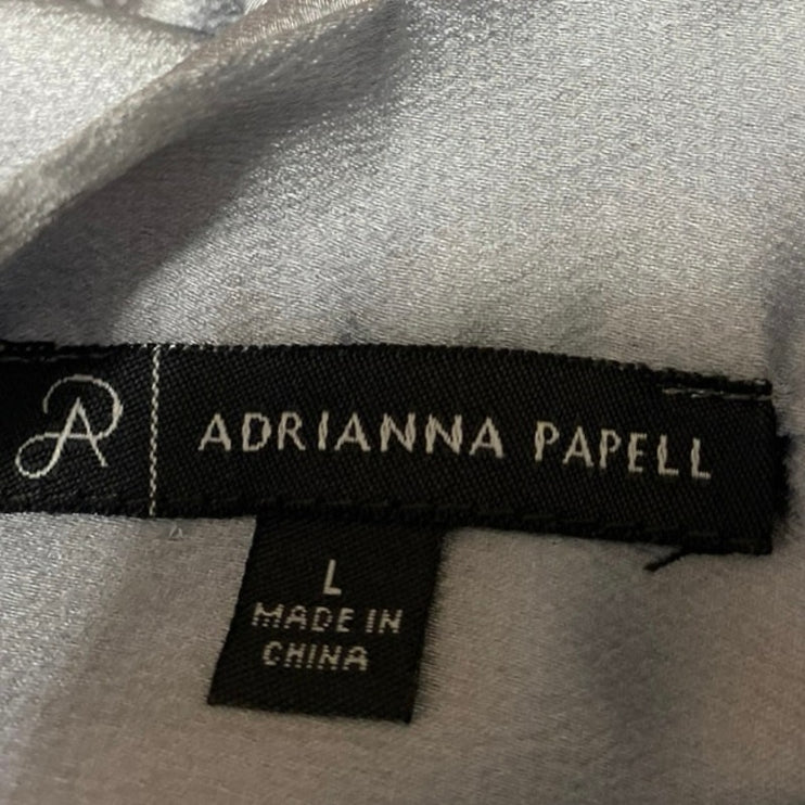 Adrianna Papell Silver Silk Satin Long Sleeve Bow Tie Neck Blouse Shirt Top Sz L