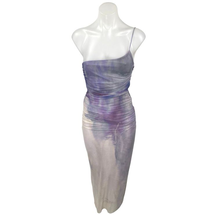 NEW Zara Purple Lilac Tie Dye One Shoulder Sleeveless Ruched Midi Slip Dress XS