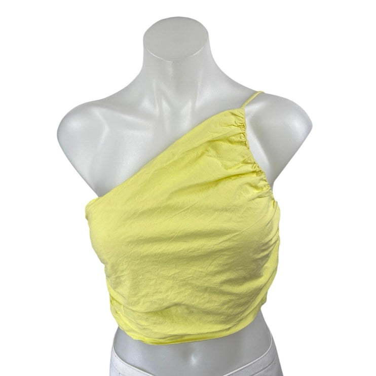 Zara Yellow Sleeveless One Shoulder Cami Camisole Ruched Crop Tank Top Size M