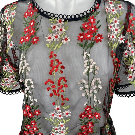 Loveriche Black Mesh Sheer Floral Embroidered Short Sleeve Peplum Blouse Top M