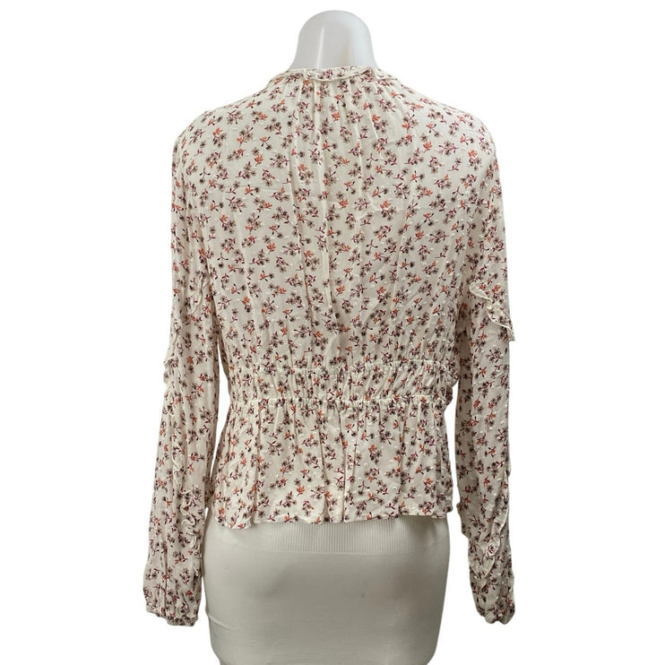 Blue Life Multicolor Floral Ruffle Tie Front Long Sleeve Peplum Blouse Top Sz M