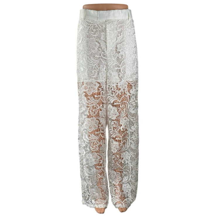 NEW Boohoo MAN White Floral Lace Relaxed Sheer Straight Trousers Suit Pants 36
