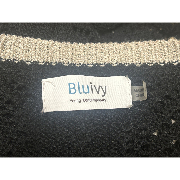 Bluivy Women's Black Open Crochet Knit Ruffle Short Sleeve Sweater Top Size L