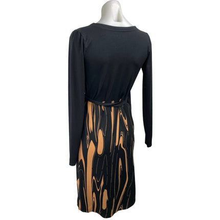 DAI MODA Black Swirl Print Long Sleeve V-neck Tie Waist Mini Pencil Wrap Dress S