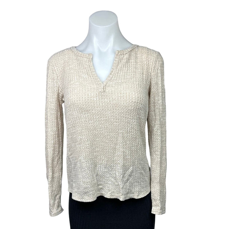 Socialite Women's Beige Waffle Knit Split V-Neck Long Sleeve Pullover Top Sz XS