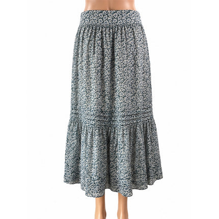 Madewell Womens Blue White Floral Tiered Peasant Elastic Waist Midi Skirt Size S