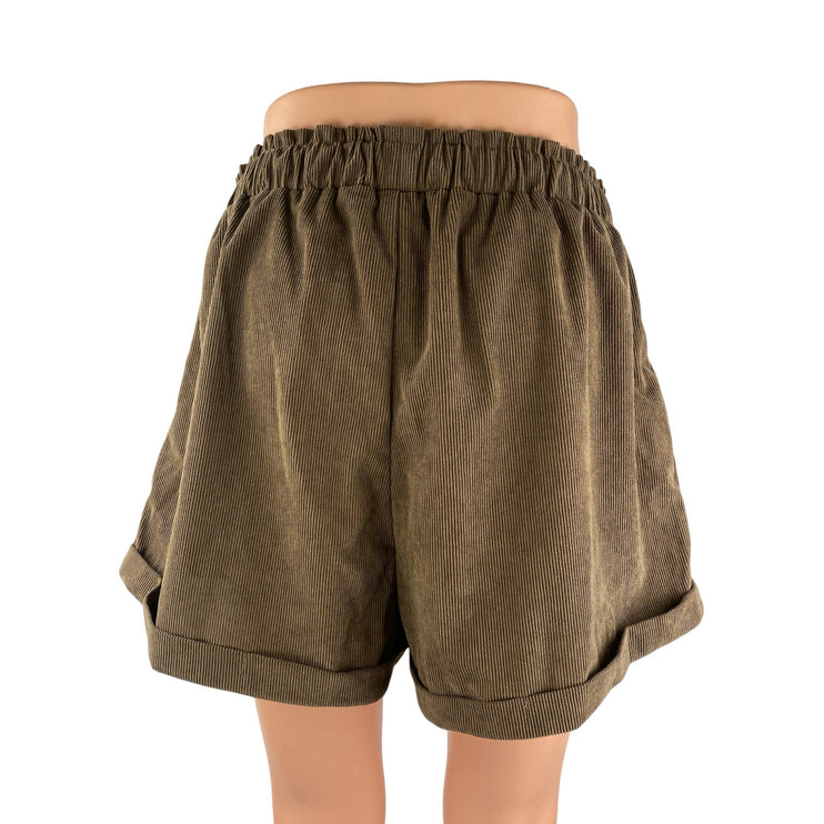 Women's Corduroy Fairycore Embroidered Elastic Waist Wide Leg Paperbag Shorts M