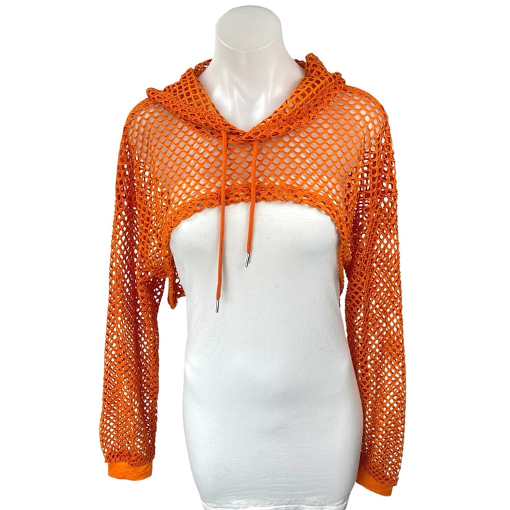 NEW Avidlove Women's Orange Mesh Fishnet Long Sleeve Hooded Hoodie Crop Top XL