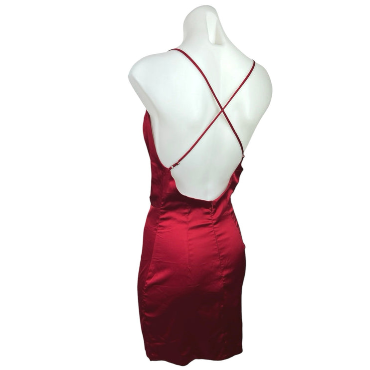 Oh Polly Red Cowl Neck Cross Back Silk Satin Slip Mini Bodycon Dress Size 6