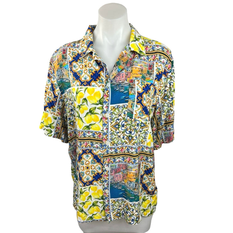 Terez Multicolor Amalfi Patchwork Button Up Collared Short Sleeve Shirt Top Sz M