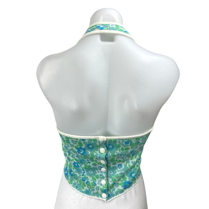 Zara Blue Green Floral Halter Sleeveless Scoop Neck Open Back Crop Top Size S