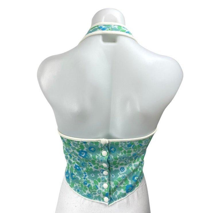 Zara Blue Green Floral Halter Sleeveless Scoop Neck Open Back Crop Top Size S
