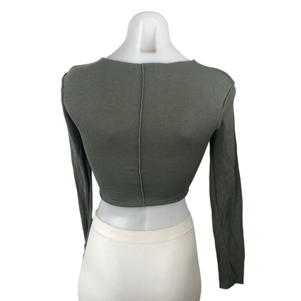 Zara Women's Green Expose Seam Crew Neck Long Sleeve Slim Crop T-Shirt Top Sz S