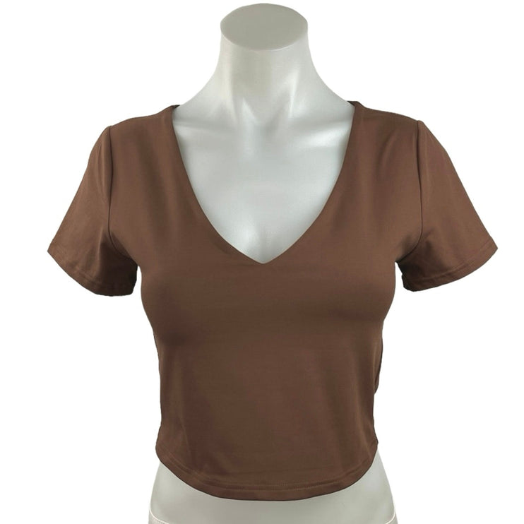 Reoria Women's Brown Pullover V Neck Short Sleeve Casual T Shirts Crop Top Sz M