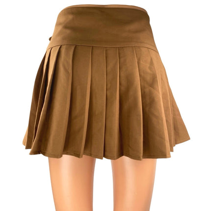 Salty Women's Brown Pleated Buckle Strap High Waisted Zip A Line Mini Skirt Sz M