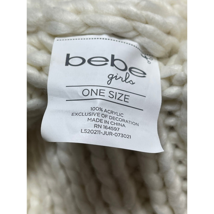 Bebe Girls Kids White Ribbed Knit Metallic Fringe Pom Pom Bonnet Beanie Hot OS