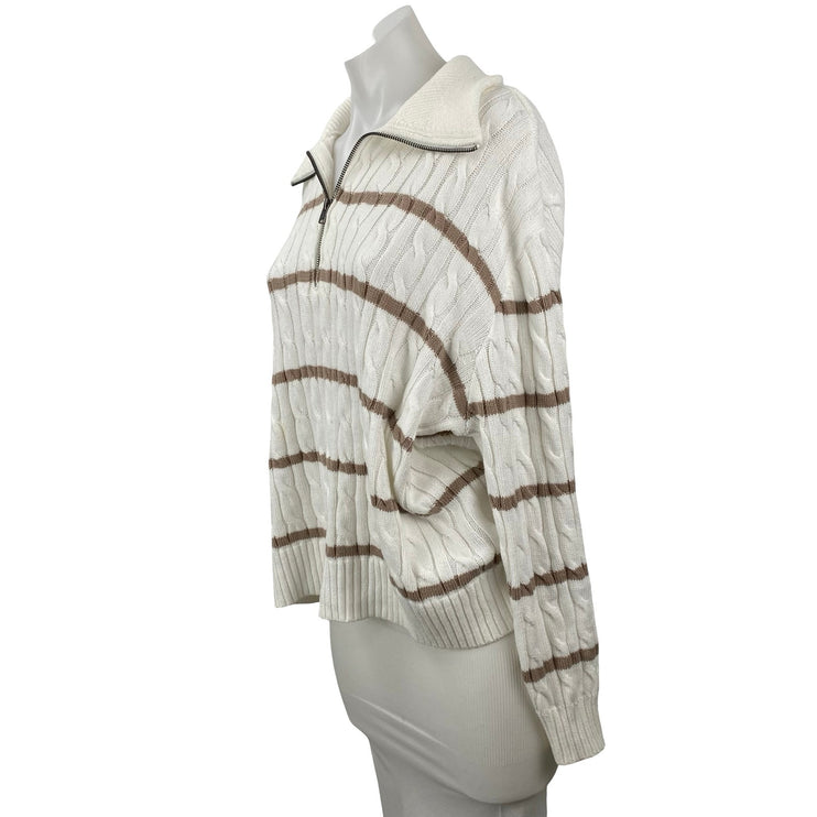 Hollister Womens White Brown Cable Knit 1/4 Zip Collared Polo Sweater Top Size S
