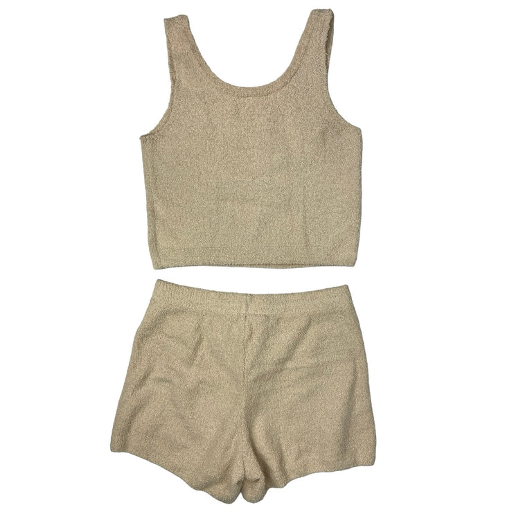 UniQlo Beige Tan Two Piece Terry Fleece Activewear Crop Tank & Shorts Set Size M