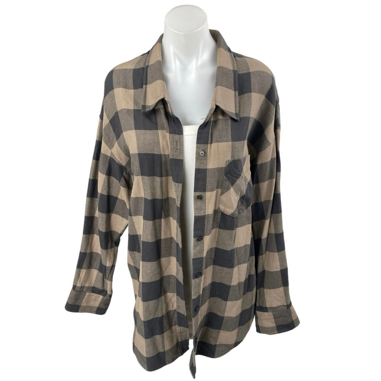 Aritzia Wilfred Brown Plaid Checkered Long Sleeve Button Down Shirt Top Size M