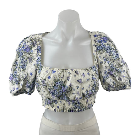 & Other Stories Blue White Floral Short Puff Sleeve Smocked Crop Blouse Top 4