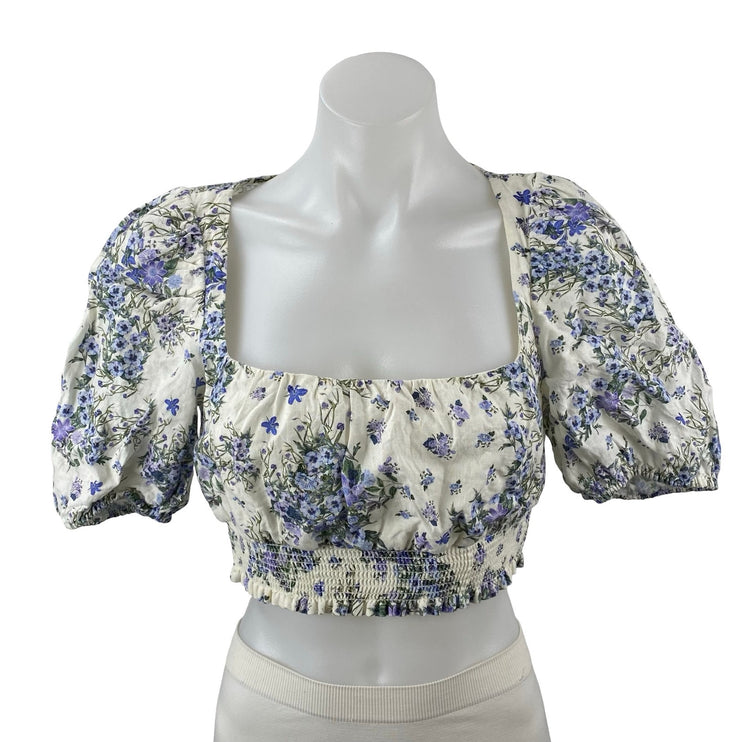 & Other Stories Blue White Floral Short Puff Sleeve Smocked Crop Blouse Top 4