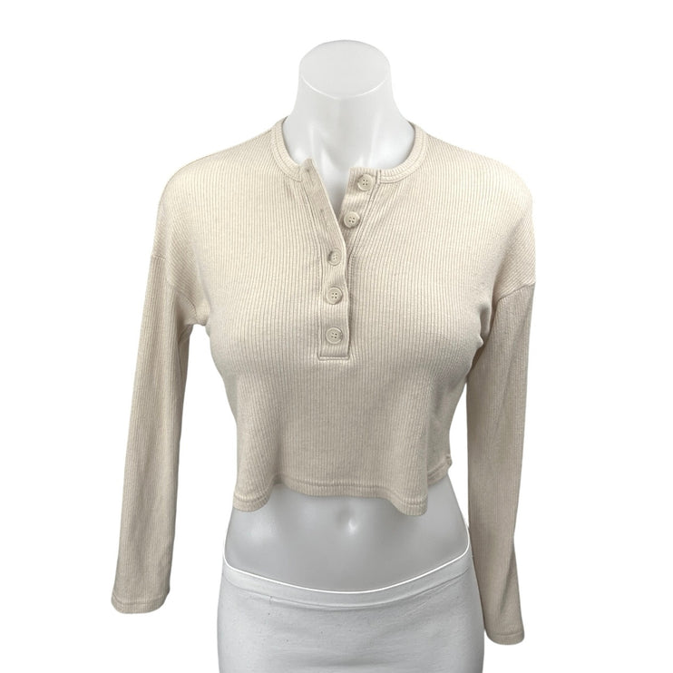 Naadam Cream Cashmere Ribbed Knit Long Sleeve Henley Crop Sweater Top Size XXS