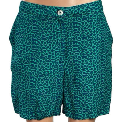 Lisa Corti Monoprix Women Green Linen Geometric High Rise Bermuda Shorts Size 38