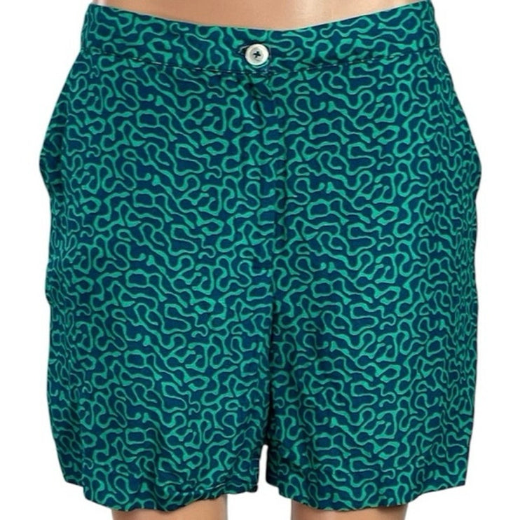 Lisa Corti Monoprix Women Green Linen Geometric High Rise Bermuda Shorts Size 38