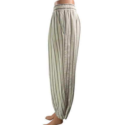 Zara Womens Cream Black Striped Elastic Waist Drawstring Wide Leg Trouser Pant S
