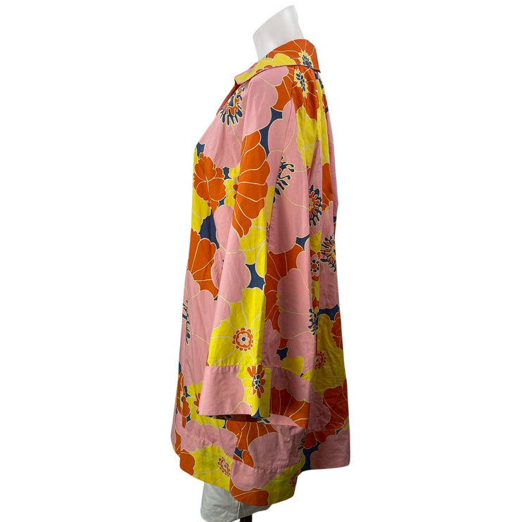 Zara Women's Pink Yellow Floral Long Sleeves Kimono Tunic Shirt Top & Hat Sets M