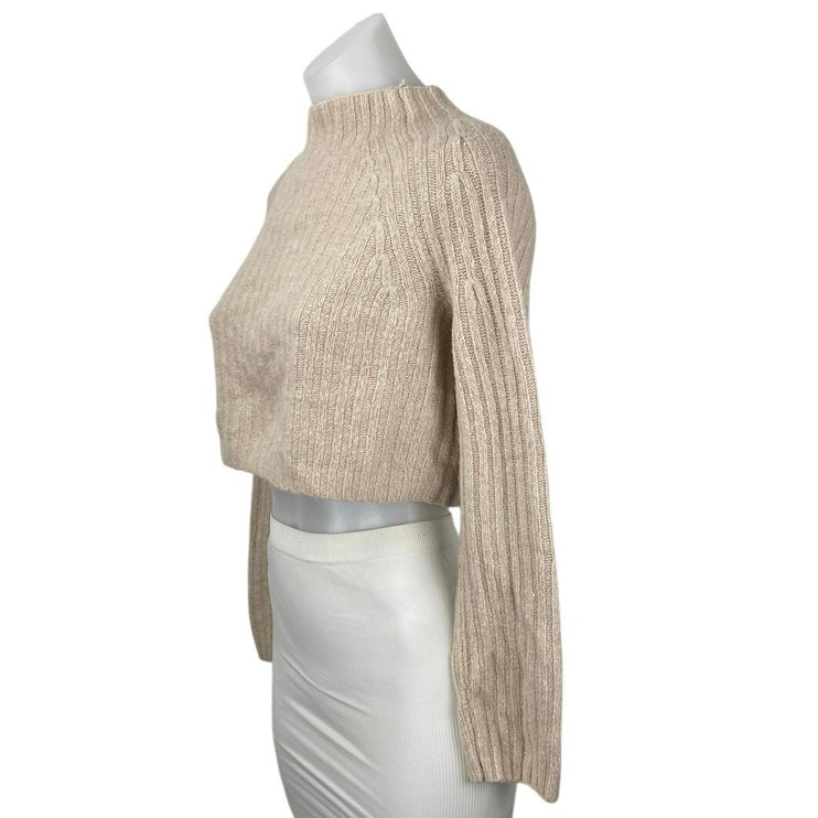 Monki Women's Beige Tan Ribbed Wool Mock Neck Long Sleeve Crop Sweater Top Sz S