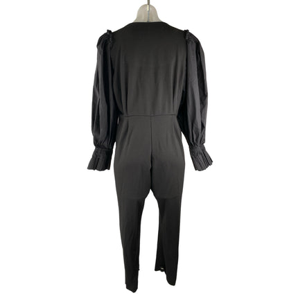 Deepika Arora Black V-Neck Long Puff Sleeve Zip Up Tapered Romper Jumpsuit Sz S