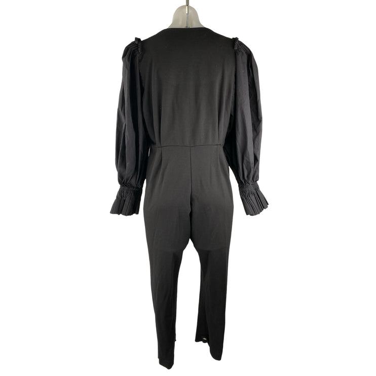 Deepika Arora Black V-Neck Long Puff Sleeve Zip Up Tapered Romper Jumpsuit Sz S