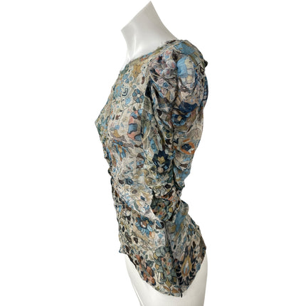 Isabel Marant 100% Silk Multicolor Floral Ruched Puff Sleeve Slim Blouse Top 1