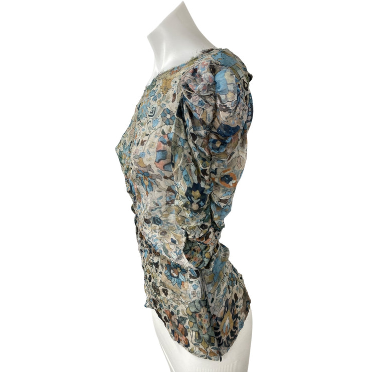 Isabel Marant 100% Silk Multicolor Floral Ruched Puff Sleeve Slim Blouse Top 1