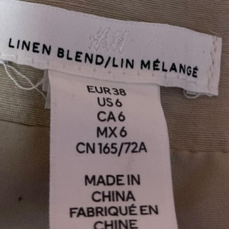 H&M Women's Beige Linen Side Zip Slit Casual Mini Straight Pencil Skirt Size 6