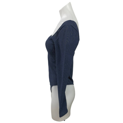 Aritzia Babaton Navy Blue Textured Square Neck Long Sleeve Bodysuit Top Size M