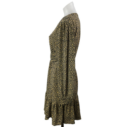 MNG Mango Brown Black Long Sleeves Leopard Print Tiered Faux Wrap Mini Dress 4