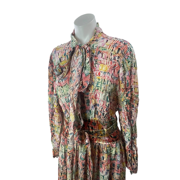 Sies Marjan Multicolor Abstract Long Sleeve Tie Neck Belted A Line Maxi Dress 4