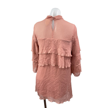 Pink Owl Women's Coral Tiered Ruffle Mock Neck Long Sleeve Mini Shift Dress Sz S