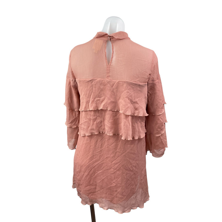 Pink Owl Women's Coral Tiered Ruffle Mock Neck Long Sleeve Mini Shift Dress Sz S