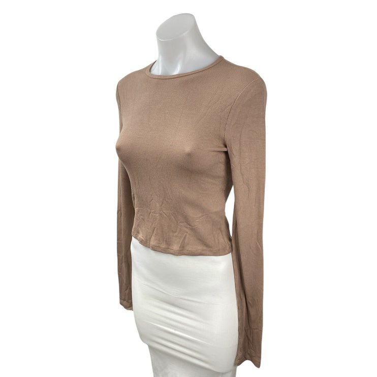 Abercrombie & Fitch Womens Beige Ribbed Crew Neck Long Sleeve Crop Sweater Top S
