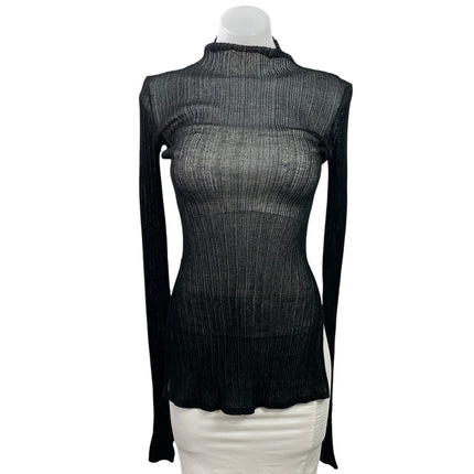 Elsa II Black Long Sleeve Mock Neck Sheer Mesh Ribbed Bandeau Slit Blouse Top S