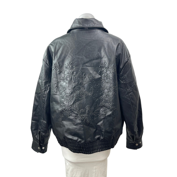 Fashion Nova Oversized Black Embossed Floral Vegan Leather Bomber Coat Jacket M